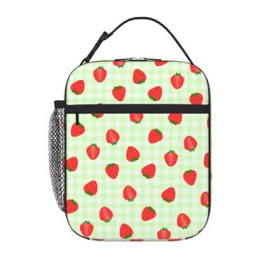 Imagem de Uxeqtop Lancheira infantil isolada, reutilizável, leve, resistente à água, com suporte para garrafa de água, adequada para meninas e meninos (morango de grade verde)