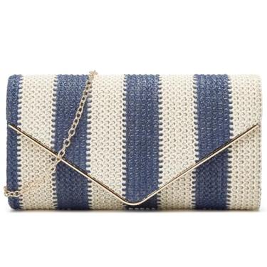 Imagem de Keridean Bolsa de mão feminina de palha de tecido de verão com corrente listrada envelope transversal ombro boho praia festa noite bolsa, Azul escuro, Medium