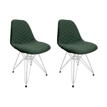 Imagem de Kit 2 Cadeiras Jantar Estofadas Verde Eiffel Eames Base Ferro Branco - Cor: Verde