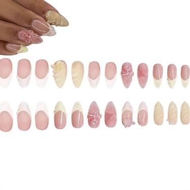 Imagem de 24 peças rosa brilhante blush amêndoa prensa em unhas postiças borboleta flor 3D doce unhas falsas francesas para mulheres, manicure de unhas vestíveis
