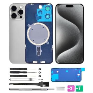 Imagem de Yuntunele Tampa traseira de vidro (inclui vidro de lente, suporte, ímã) Substituição compatível com iPhone 15 Pro Max Todas as operadoras com conjunto de ferramentas profissionais (cinza titânio)