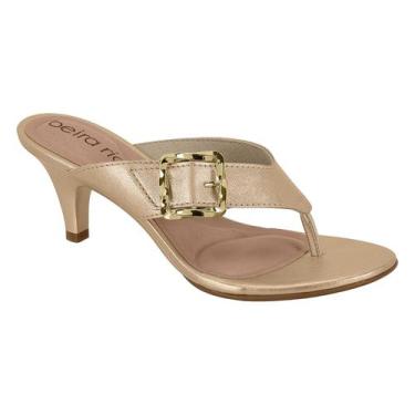 Imagem de Tamanco Feminino Beira Rio Conforto Salto Fino Médio Fivela, Dourado, 