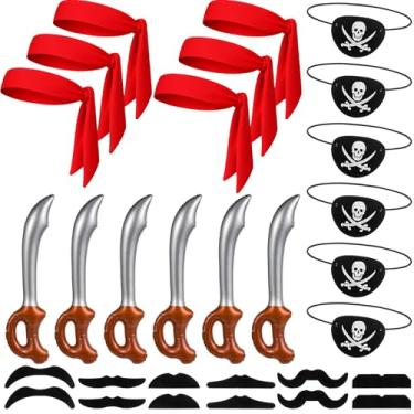 Imagem de Chicingyou Conjunto de fantasia de pirata, 42 peças, acessórios de pirata de Halloween, faixa de cabeça inflável, espada, tapa-olhos, bigodes para vestido chique caribenho, cosplay, lembrancinhas de