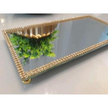 Imagem de Bandeja Espelhada Decorativa Luxo Pérolada Strass Original Sala Lavabo Banheiro(Strass Dourado,G 30 × 20)