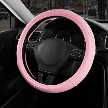 Imagem de Road Comforts Capa para volante – Feita com couro PVC e tecido leopardo – Universal de 36 cm a 38 cm para a maioria dos volantes automotivos – estampa de chita – toda rosa