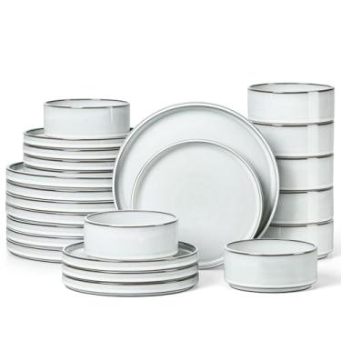 Imagem de Herogo Conjunto de 24 peças de louça de grés para 8, conjuntos de louça de cerâmica para cozinha doméstica, pratos e tigelas com fundo de terracota rústico, seguro para lava-louças e micro-ondas