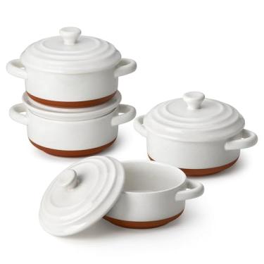 Imagem de MALACASA Conjunto de mini cocotte - 340 g caçarola pequena para forno, ramequins com tampas e alças, mini forno holandês de cerâmica, seguro para micro-ondas e lava-louças, branco cáqui, série TARA