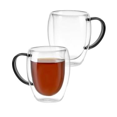 Imagem de Kit Conjunto 2 Xícaras de Vidro Borossilicato Parede Dupla 350ml Transparente com Alça Preta