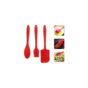 Imagem de Kit 3 Peças de Silicone Para Cozinha, Espátula, Pincel e Batedor Fouet, Vermelho, Resistente ao Calor Até 240°C, Ideal Para Bolo