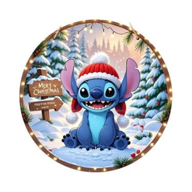 Imagem de Feliz Natal Placa De Madeira Lilo&Stitch Impressão De Guirlanda Para P