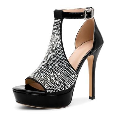 Imagem de Younton Sandálias femininas de salto plataforma salto com strass bico aberto sandália confortável com recorte salto agulha clássico elegante para festa noturna 12 cm, Preto envernizado., 40