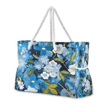 Imagem de Wassud Bolsa de praia com flor azul, grande, para mulheres, impermeável, à prova de areia, bolsa de viagem com zíper e bolso para piscina, academia, acampamento