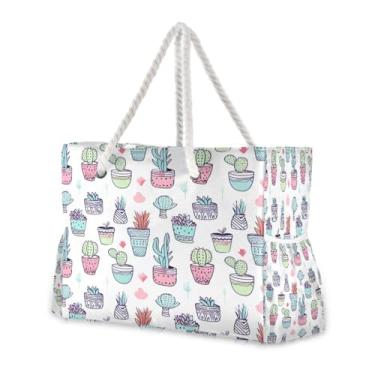 Imagem de Wassud Bolsa de praia bonita simples cacto grande bolsa de praia para mulheres, impermeável, à prova de areia, bolsa de viagem com zíper e bolso para piscina, academia, acampamento
