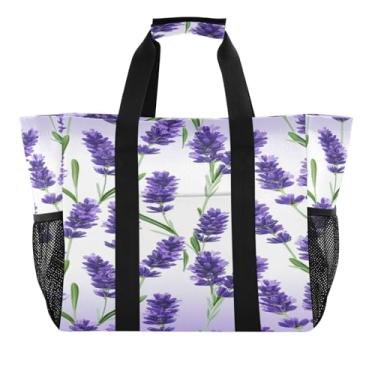 Imagem de Kigai Sacolas de supermercado reutilizáveis, flores de lavanda grande, sacola de compras resistente à água, bolsa de piscina dobrável para roupas, sapatos e piqueniques
