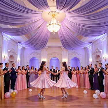 Imagem de PartyVillage 4 painéis de 1,5 m x 6,1 m Taro roxo cortinas de teto para festas de casamento – 6 m de poliéster grosso extra longo sem rugas decoração de barraca para festa de aniversário, cerimônia de