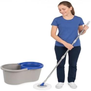 Imagem de Sistema de limpeza rotatorio, esfregao de microfibra, balde com giro, para chao, duravel e eficaz, grande.