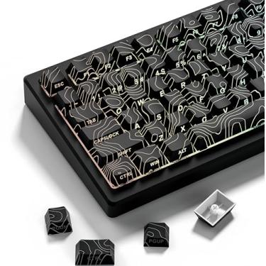 Imagem de Conjunto de teclas de teclado PBT Double Shot, topográfico preto, brilho através de teclas personalizadas, teclas impressas laterais, sublimação de tinta, tampa de teclado Cherry Profile para teclado