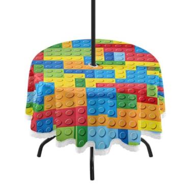 Imagem de Qilmy Building Blocks Toalha de mesa redonda impermeável de 152 cm com orifício para guarda-chuva e zíper – Uso externo / interno resistente para pátio, churrascos, piqueniques, festas (serve para