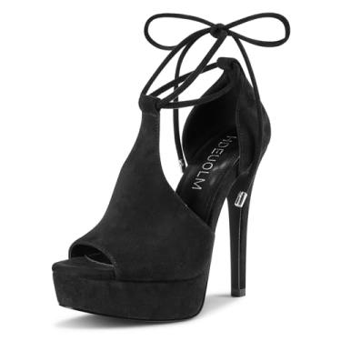 Imagem de HDEUOLM Sandália feminina stiletto salto plataforma alta peep bico aberto com cadarço vestido de noiva 14 cm salto, Preto, 40