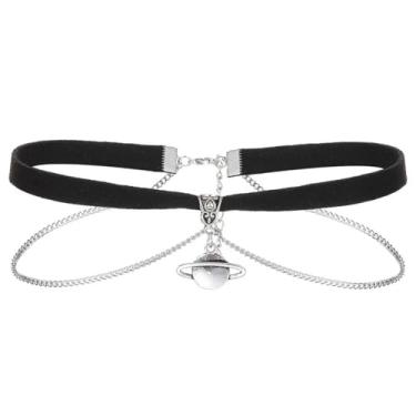 Imagem de Cykdohy Pingente gótico planeta Saturno preto veludo curto punk colar gargantilha colar gótico Y2k vintage espaço charme colar Halloween Natal presente para mulheres e homens