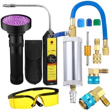 Imagem de Tellegloww Kit detector de vazamento AC, R1234yf R134a R410a Kit injetor de tinta UV de óleo CA Ferramenta de detecção de vazamento de refrigerante acoplador rápido lateral baixo mini adaptador