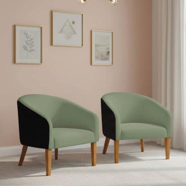 Imagem de Poltrona Sala Kit 2 Stella Pé Madeira Trapézio Sintético PU Preto Bouclê Pistache D03 - D'Rossi