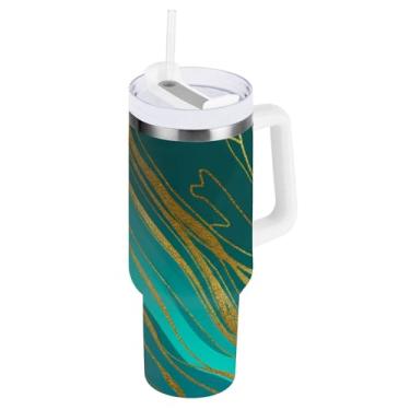 Imagem de ODAWA Copo de água grande com isolamento dourado de mármore azul-petróleo com canudo e alça, copo isolado a vácuo com tampa 2 em 1