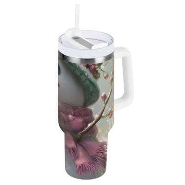 Imagem de ODAWA Copo térmico duplo de 850 g Snowman Pink Roses com alça e tampa de palha, copo com isolamento de queda