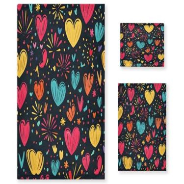 Imagem de Wassud Conjunto de 3 toalhas de banho coloridas com corações e fogos de artifício, toalhas super macias e absorventes para banheiro, toalhas de banho de secagem rápida, toalha de banho para academia