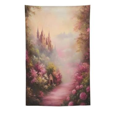 Imagem de Tapeçaria de parede de castelo de conto de fadas rosa romântico campo rosa pôr do sol sonho paisagem decoração pendurada para quarto dormitório sala de estar princesa kawaii estética tapeçaria 152 x