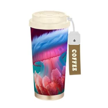 Imagem de TSENQUE Copo de café de 473 ml com tampa de canudo e filp, copos de parede dupla isolados a vácuo com revestimento cerâmico, medusa de Natal colorida