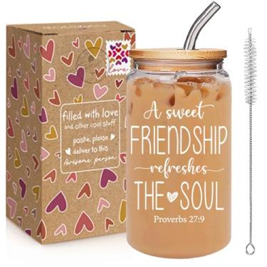 Imagem de A Sweet Friendship Refreshes The Soul Presentes Cristãos para Mulheres, Presentes de Amizade para Mulheres Irmãs Amigas, Versículos da Bíblia Copos de Vidro Copos de Copo com Tampas Canudos, Copo de