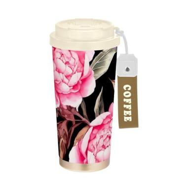 Imagem de TSENQUE Copo de café de 473 ml com canudo e tampa de filp, copo de café de viagem de aço inoxidável à prova de vazamento para escritório, escola, festa, acampamento, aquarela, rosa, roxo, peônias