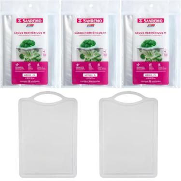 Imagem de Conjunto de 2 Tábua Branca Plástica de Corte para Alimentos + 3 Saco Hermetico Transparente 1 Litro