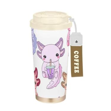 Imagem de TSENQUE Copo de café de viagem de 473 ml, copo de café de viagem com revestimento cerâmico com canudo e tampa de enchimento, copo isolado a vácuo de aço inoxidável, bonito chá de bolhas de axolote