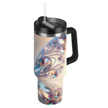 Imagem de Joisal Copos com tampa e canudos borboleta de cristal chique arte 1,134 g copo com alça carros à prova de vazamento garrafas de água isolados carros de aço inoxidável caneca de café bebida quente