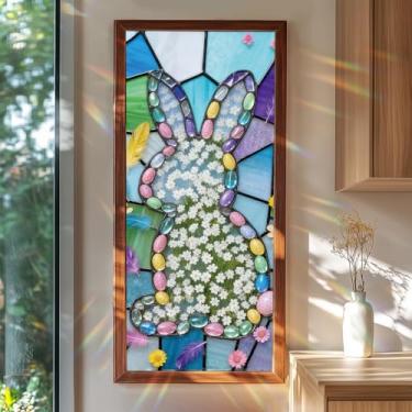 Imagem de SHENGYUMY Película para janela de silhueta de coelhinho da páscoa 100 x 39 cm estampa de flor de primavera adesivo decorativo de janela para painéis de vidro domésticos, exibição de férias