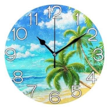 Imagem de GAIGEO Relógio de parede analógico decorativo operado por bateria relógio de escritório cozinha, decoração de parede moderna sala de estar tropical praia palmeiras, 25 cm, ponteiros dourados