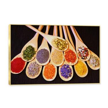 Imagem de NHLDZYH Moldura dourada. Arte de parede em tela de especiarias coloridas e colher de tempero | Decoração de cozinha vintage | Arte moderna para casa e sala de jantar. C12. 30 x 45 cm-11,8 x 17,7 pol