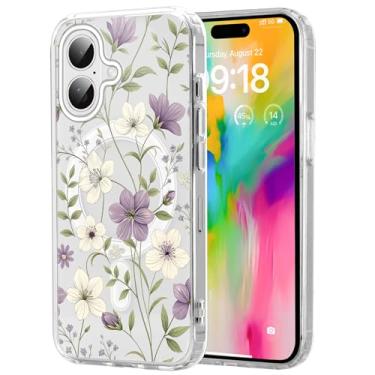 Imagem de Vulfwela Capa de telefone de flor roxa primavera para iPhone 16 capa magnética transparente de 6,1 polegadas, compatível com Magsafe, capa de design com estampa floral fofa à prova de choque macio de