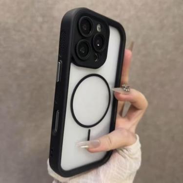 Imagem de HJZSZX Capa de celular luxuosa, fosca e transparente, magnética, à prova de choque, para iPhone 16 Plus (preta)