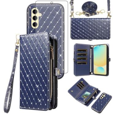 Imagem de Capa de celular para Samsung Galaxy S24 FE 5G carteira com zíper destacável com protetor de tela de vidro temperado alça transversal com glitter flip compartimento para cartão S 24 EF S24FE 24S