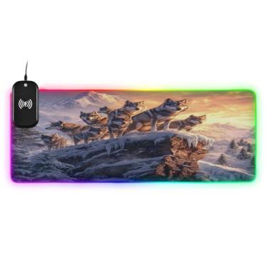 Imagem de CEBUGI Wolves Mouse Pad de carregamento sem fio 15 W rápido para jogos com 14 iluminação LED RGB para jogos, PC, laptop, mesa 90,9 x 39,9 cm