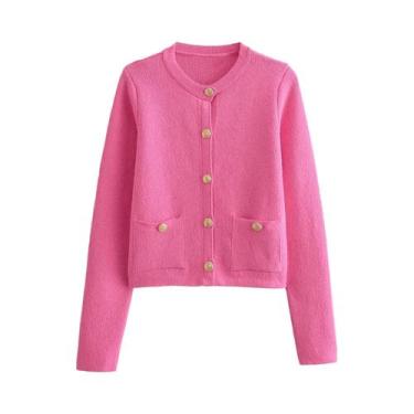 Imagem de Cardigan De Malha Feminino De Manga Longa Com Botões Dourados E Bolsos