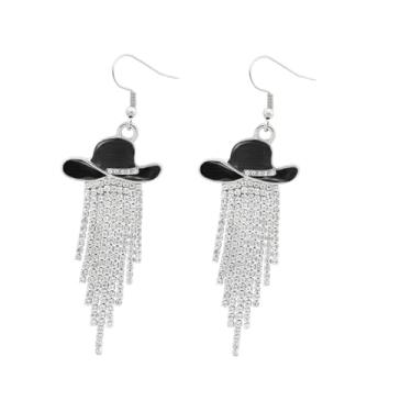 Imagem de Brincos femininos de chapéu esmaltado de vaqueira ocidental com franjas de strass cintilantes, rodeio, country, concerto, cowboy, joias, presentes, Medium size, Metal, Sem pedra preciosa