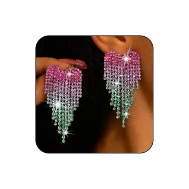 Imagem de WCRAZYE Brincos de coração de strass para mulheres, colorido, casamento, noiva, cristal, candelabro, coração, borla, Small, Liga de aço, Sem pedra preciosa