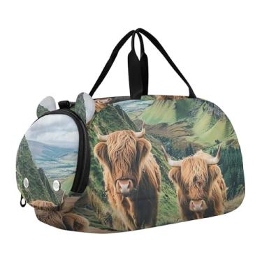 Imagem de Flying Pig Bolsas de viagem divertidas para viagem durante a noite Bolsa esportiva de viagem para meninos, dança, bagagem infantil, Highland Cows 2, Clássico