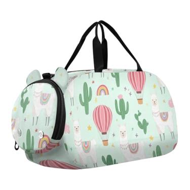 Imagem de Bolsa esportiva para meninos de fim de semana para noite com caras fofas de coala, amarelo claro, bolsas de viagem para meninas, compartimento para sapatos, Lhamas de desenho animado verde cacto