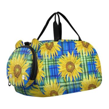 Imagem de Bolsa esportiva de lagosta vermelha com estrela do mar azul para viagem de fim de semana bolsa esportiva para meninos e crianças, Girassóis amarelos, azul guingão, Clássico