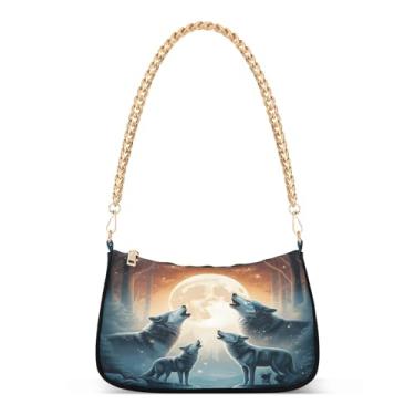 Imagem de Bolsa de ombro Wolves Moon Forest com corrente, bolsa artística para noite, bolsa Hobo feminina para uso diário e festa